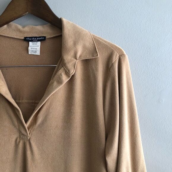 Cha Cha Vente Soft Suede Flowy Relaxed VNeck 3/4 Sleeve Mini Dress Tan - Picture 4 of 13